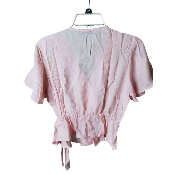 Active USA Light Pink Button-Front Wrap Blouse With Tie Waist & Short Sleeves Si - Picture 3 of 4